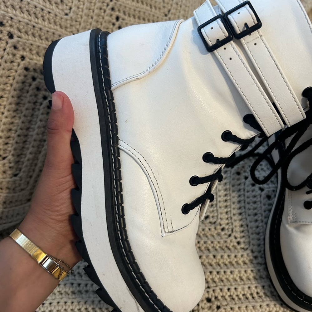 Demonia White Combat Boots with Black Accents - Picture 4 of 10